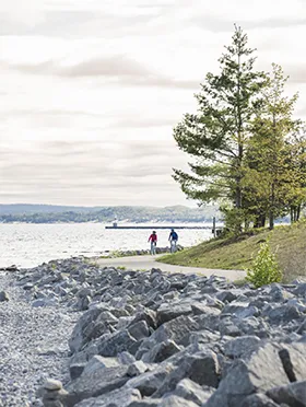 Two people cycling by the beach